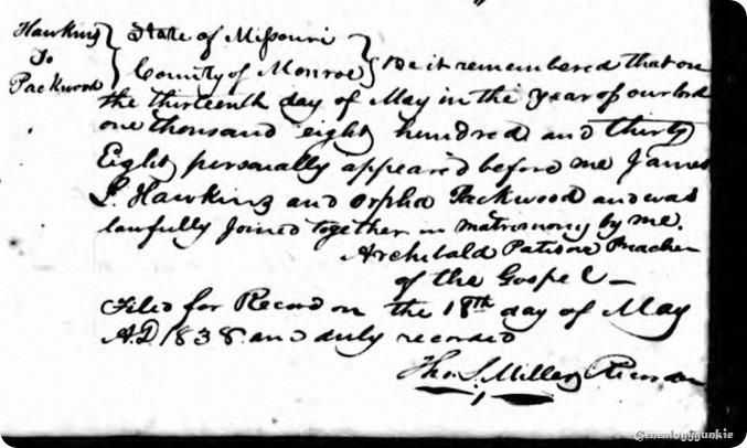 James L. Hawkins and Orpha Packwood_1838marriagerecord_MonroeCo_MO2